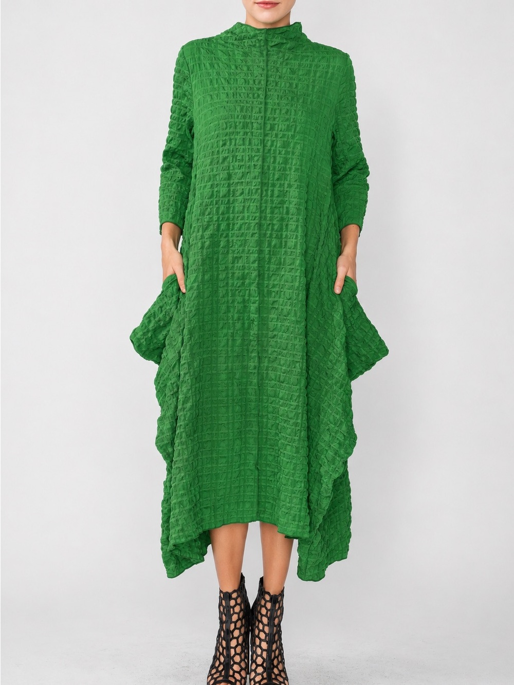 IC Collection Green Bubble Check High Low Dress Women’s L Lagenlook Textured